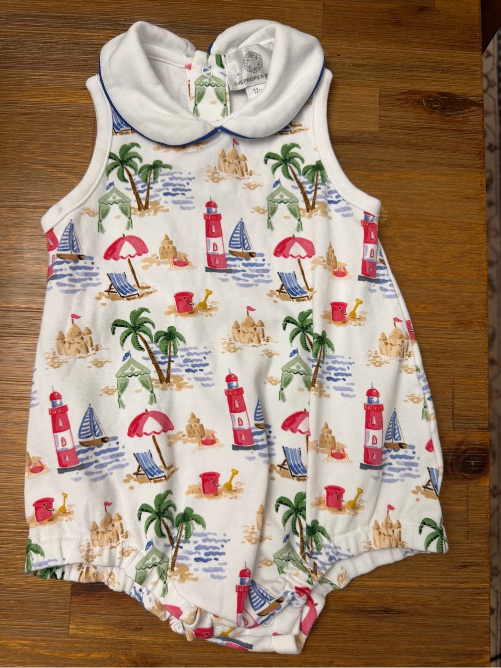 Beach Print Sleeveless Baby Romper - White with Red Accents